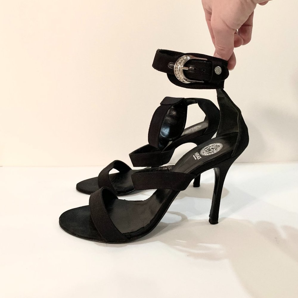 VERSACE - black satin modern design 4 inch high-heel sandals